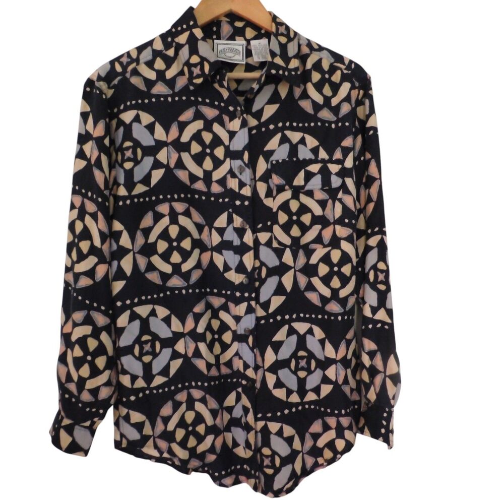 Vintage Peaches & Smith Silk Shirt Womens M Button Up Long Sleeve Bohemian Chic